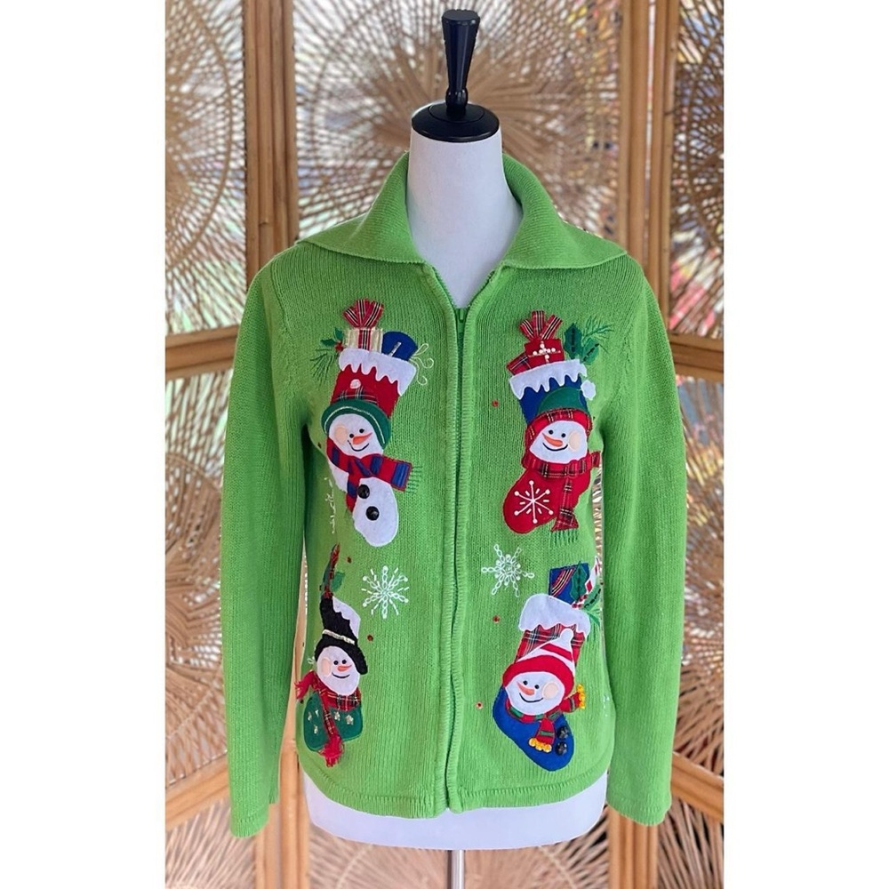 Vintage Tiara International Christmas Green Knit Embroidered Snowman Cardigan - Picture 8 of 8